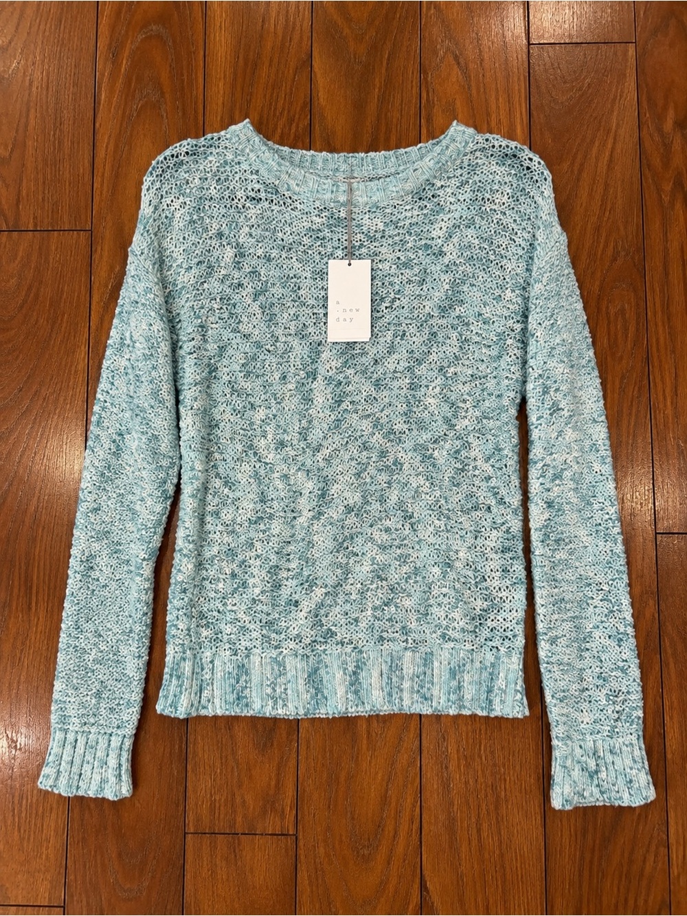 A New Day Light Greenish-Blue Marled Open Weave Knit Sweater Sz M NWT